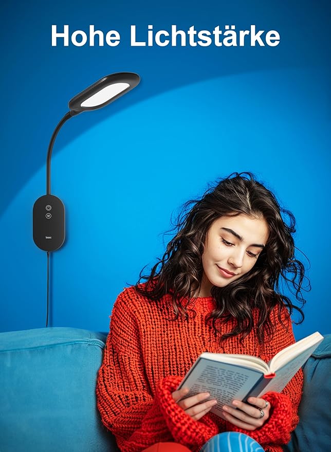 Wall Mounted Reading Bed Light, Wall Bed Lamp with CRI 95+ for Eye Care, 4 Color 5 Dimmable, 2A USB Output, 4-Hour Auto Off, Book Lights Flexible Gooseneck Reading Lamp Headboard Black