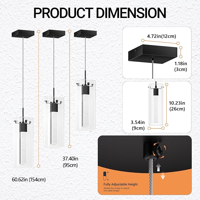Pendant Lights Kitchen Island, 3 Pack 6500K LED Kitchen Lighting Crystal Island Light with Bubble Glass, Matte Black Kitchen Hanging Light Fixture Modern Pendant Ceiling Light Fixture