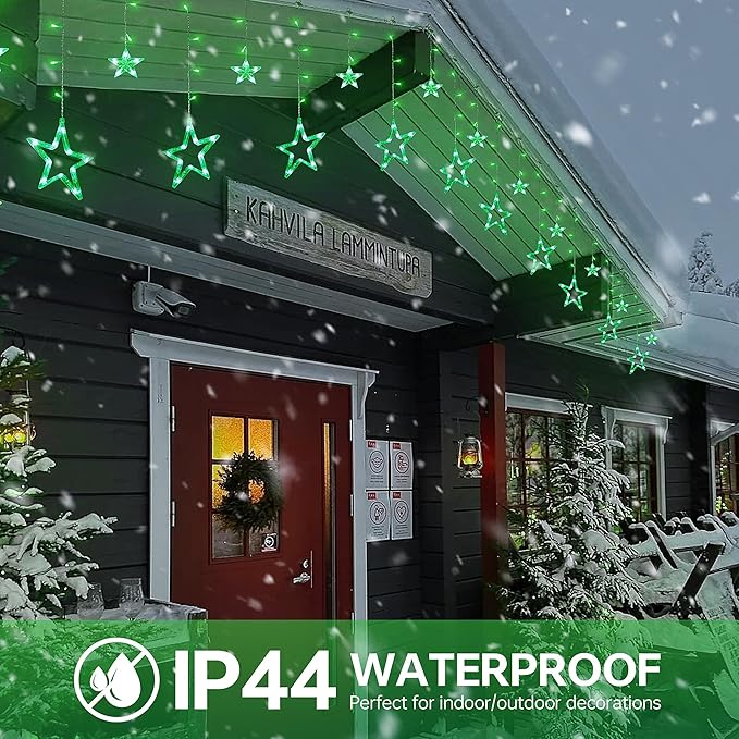 St Patricks Day Lights, 126 LED 8.2 FT Green Star Icicle Lights with 8 Modes Waterproof, Plug in Clear Wire Timer Curtain Lights for St Patrick Decorations Indoor Window Outdoor Party Decor