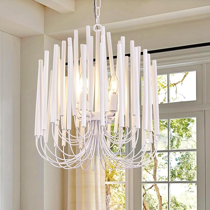 TOCHIC Modern Farmhouse Chandelier for Dining Room 18", Small Vintage White Wood Chandeliers Light for Living Room, Rustic Pendant Lighting Fixture Ceiling Hanging for Foyer Bedroom Entryway