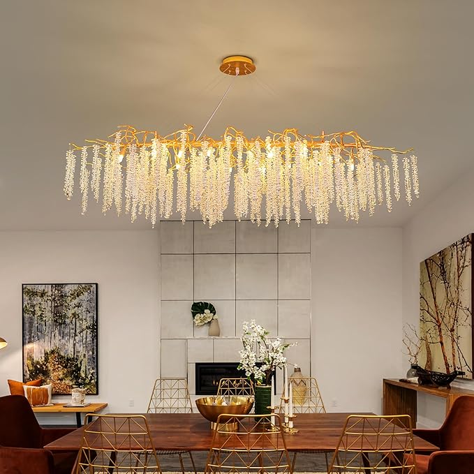 Crystal Tree Branch Chandelier L63 Inch Luxury Rectangular Crystal Raindrop Pendant Light 16 Lights Kitchen Island Hanging Light Fixture for Living Room Dining Room Foyer Entryway Gold