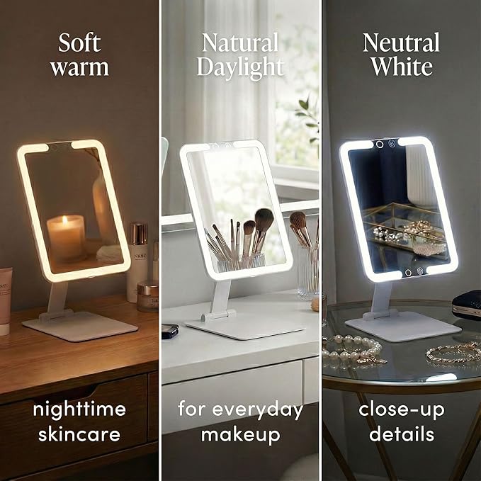 Fancii Rechargeable Travel Makeup Mirror with Bright LED Lights and 3 Color Modes - Ultra Thin, Portable and Lightweight, Touch Dimming, Compact Folding Mirror, Lighted Vanity Mirror, Nora Mini