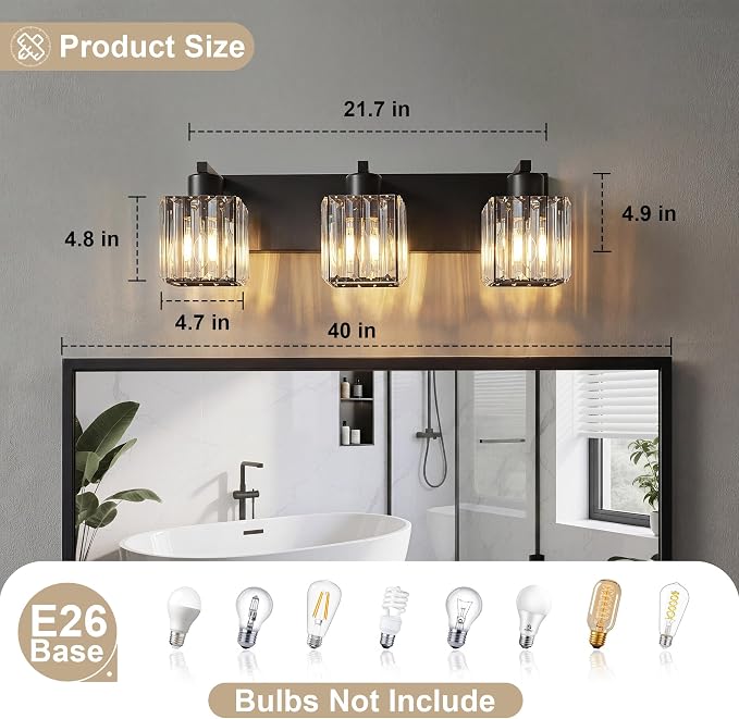 Modern Bathroom Vanity Light, 3-Light K9 Crystal Bathroom Lighting Fixtures Over Mirror, Black Vanity Light with Square Shade