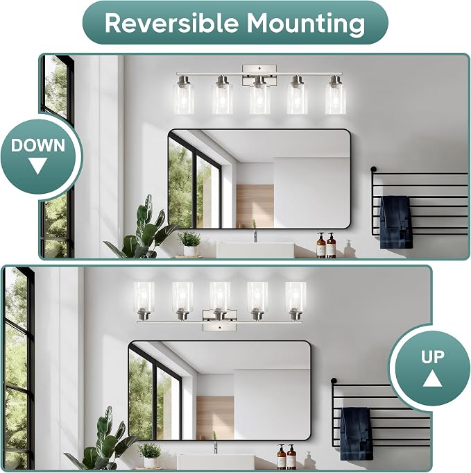 Ascher Bathroom Light Fixtures, 5-Light Vanity Light Over Mirror, Brushed Nickel Wall Sconces with Clear Glass Shades, Wall Lamp for Living Room Bedroom, E26 Base(Bulbs Not Included)