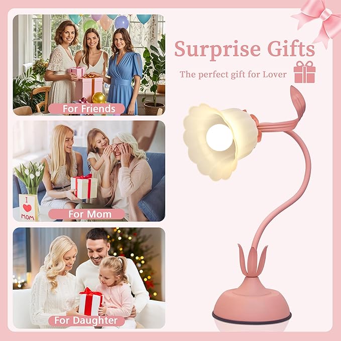 Vintage Flower Table Lamp, 3 Color Temperature Flexible Gooseneck Cute Small Desk Lamp for Bedroom, Kawaii Nightstand Bedside Lamps for Living Room, Dorm, Office, Home Decor (Pink) (Pink)
