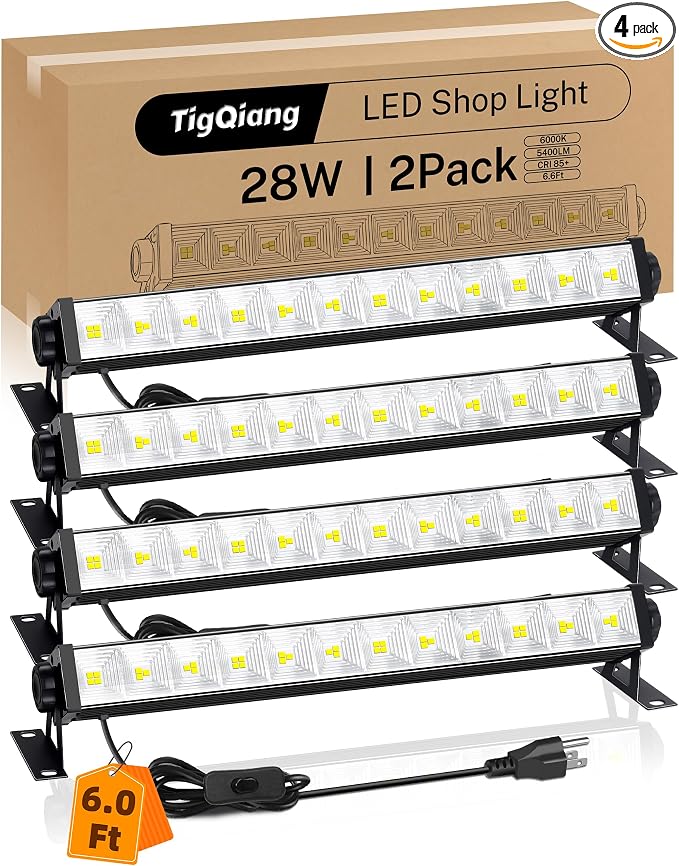TigQiang 4 Pack 28W LED Shop Light, Plug in Garage Light, LED Work Light | 5400 Lumens, 6.0 Foot Power Cord and Switch, 6000K Daylight White for Workshop, Warehouse, Yard, Workbench, Basement
