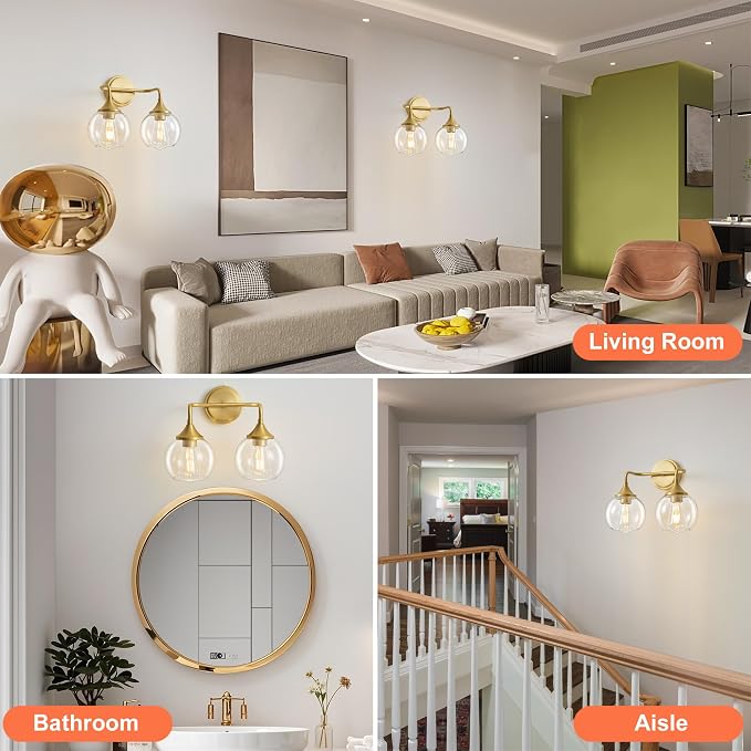 Gold Bathroom Vanity Light 2-Light Modern Vanity Lights 14" | Farmhouse Vanity Lighting Fixtures Over Mirror, Thickened Clear Glass Shade, UL E26 Dimmable Vanity Light Fixtures