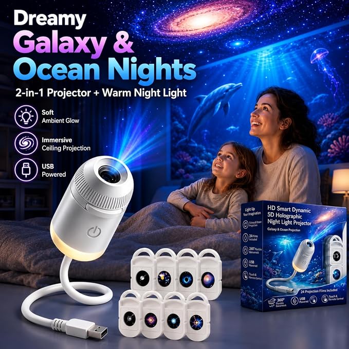 Hd Smart Dynamic 5d Holographic Night Light Projector, 2027 Upgraded Plug and Play Hd Star Projector, 360° Adjustable Hd Galaxy and Ocean Projector for Bedroom Ceiling (24 Projection Films)