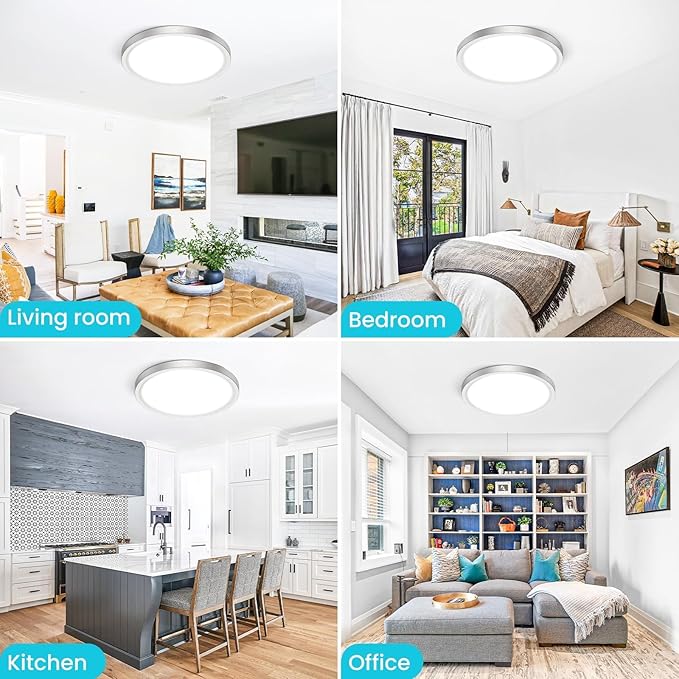 libtit 12 inch Flush Mount LED Ceiling Light Fixture, 3000K 4000K 6500K Adjustable, 28W 3200lm Brushed Nickel Satin Round Ceiling Lamp for Bathroom Hallway Kitchen Bedroom, 2 Pack
