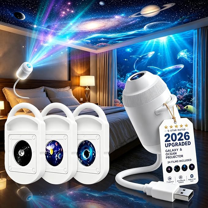 HD Smart Dynamic 5D Holographic Night Light Projector, 2-in-1 HD Plug and Play Galaxy Projector Portable Night Light Projector 360 Rotating USB Powered with 24 Films for Bedroom (3 Films)