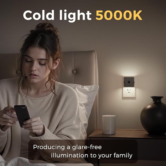 L LOHAS LED Plug in Night Light with Motion Sensor and Dusk to Dawn Sensor | LED Night Light Brightness Adjustable,5000K Daylight White, Nightlight for Bathroom Hallway Kitchen 4 Pack