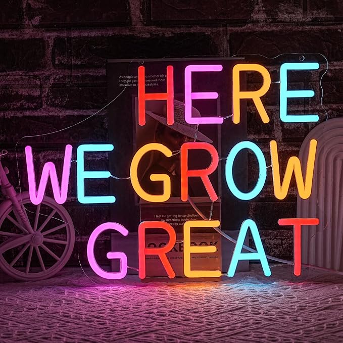Here We Grow Great Neon Sign for Wall Decor Classroom Neon Light Plant LED Sign Colorful Letter Neon Light Sign for Classroom Bar Home shop Decoration