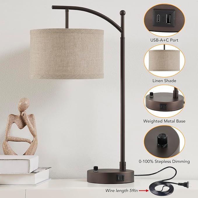 Table Lamp for Living Room Bedroom, 23.5" Table Lamps Set of 2 with USB C+A Ports, Bedside Lamps for Nightstand with Linen Lamp Shades, 2 Dimmable LED Bulbs Included, Brown