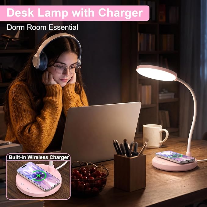 Pink Desk Lamp, Cute Desk Lamp for Girls, Wireless Charger, Dorm | 3 Color Modes, Stepless Dimming Desk Light, 360°Flexible Neck Table Lamp for Bedside Reading, Kids Room, with Adapter