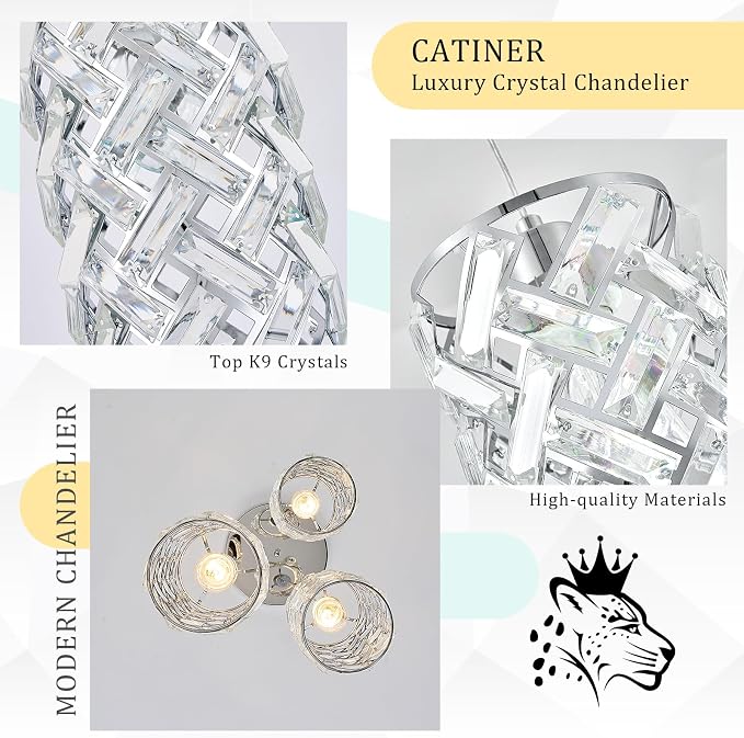 Chrome Crystal Cluster Pendant Light, 3-Light Kitchen Island Hanging Light | 3-light chrome crystal pendant with adjustable height, E26 sockets, dimmable for kitchen islands, dining rooms and bedrooms
