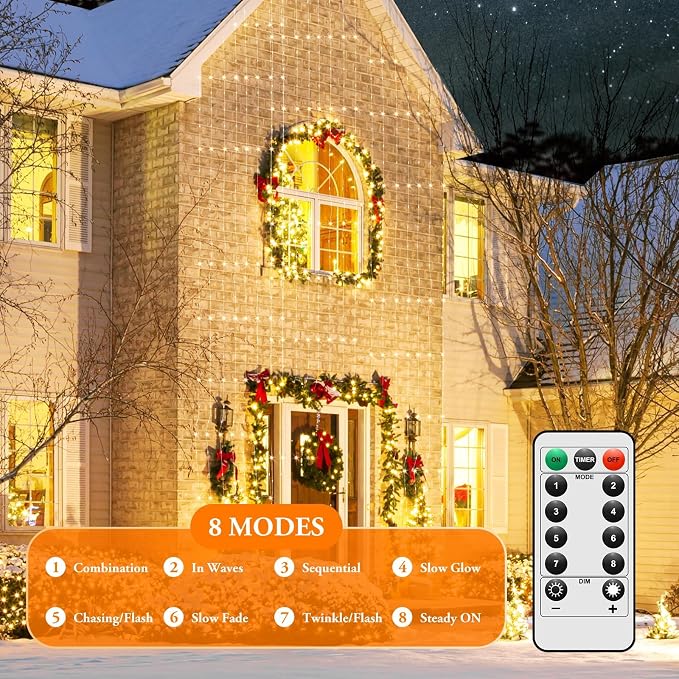 4-Pack 132FT 400LED Fairy Lights, Battery Operated String Lights with Timer & Remote, 8 Modes, Waterproof Twinkle Lights for Indoor Outdoor Bedroom Wedding Decor, Warm White(33FTx4)