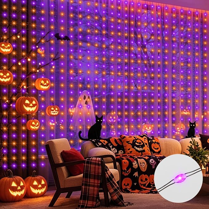 echosari Halloween Curtain Lights Battery Operated 9.8 x 9.8Ft | 300 LED Twinkle Lights Timer for Bedroom Wedding Backdrop Decor Orange & Purple