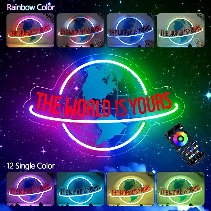 The World Is Yours Neon Sign, 7 RGB Color Planet LED Neon Light Lamp for Wall Decor, Man Cave Home Bar Bistro Club Cafe Wedding Game Room Bedroom Birthday Gift Graduation Party