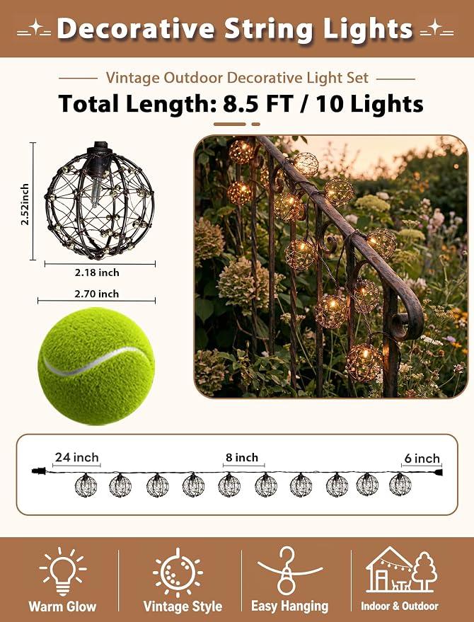 Outdoor Patio String Lights, 8.5FT 10 LED Beaded Copper Wire Ball Lights, Connectable Weather-Resistant Decorative Lights for Pergola, Porch, Bedroom, Backyard & Party