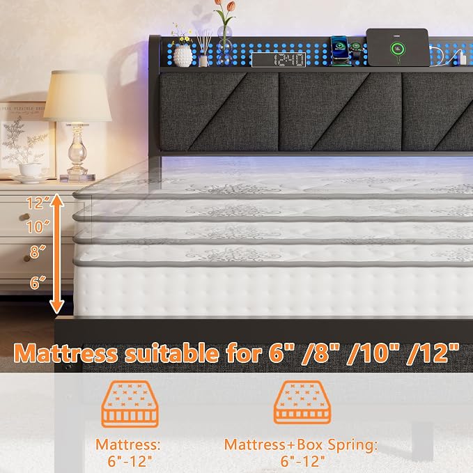Full Size Bed Frame with Storage Shelf and Upholstered Headboard | Metal Platform Bed with LED Light, Charging Station and Heavy Duty Slats, No Box Spring Needed, Noise Free & Easy Assembly
