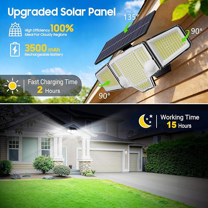 Solar Lights Outdoor 4Pack, Dual PIR & Curved 300° Wide Beam, 4000LM Solar Flood Lights Larger 3500mAh,Adjustable Solar Security Spot Lights Waterproof for Yard- Black
