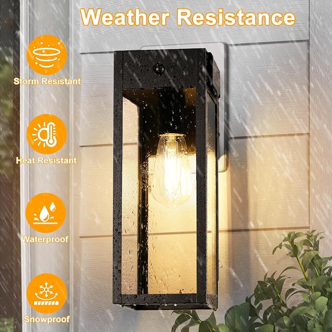 Porch Lights with GFCI Outlet, Large Motion Sensor Outdoor Lights | Dusk to Dawn, Anti-Rust, Waterproof, Tempered Glass, Easy Installation, E26 Socket, Exterior Lighting for Patio Garage, Black
