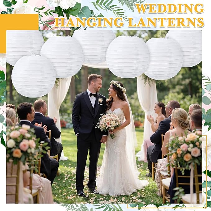 Treela 10 Pack White Chinese Japanese Paper Lanterns Decorative Hanging Round Paper Lantern Lamps for Wedding Birthday Party Decorations (14 Inch)