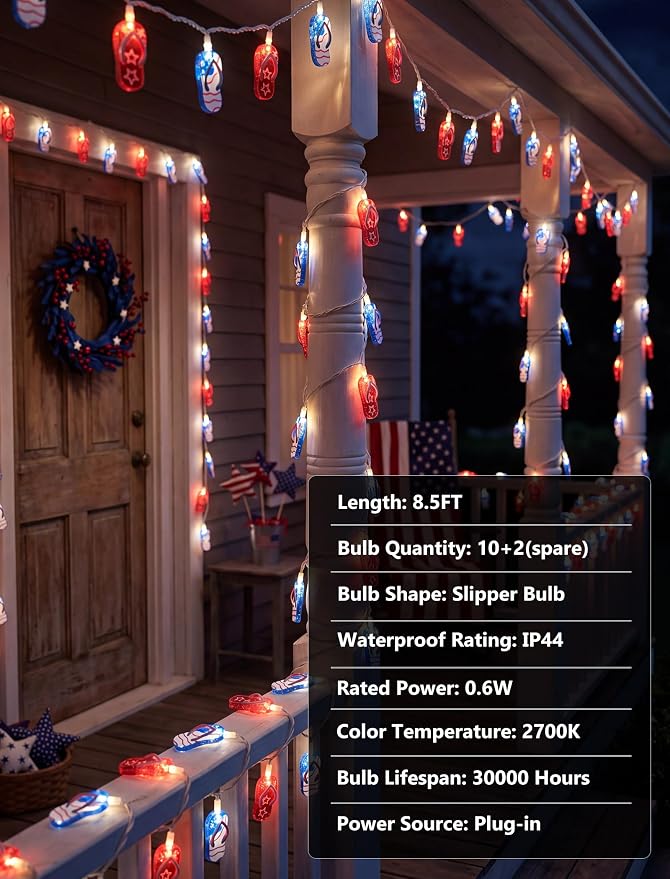 8.5Ft Tropical Beach Slipper String Lights, 4th of July American Flag | Plug in,10 LED Bulbs, Independence Day Decoration Flip Flop Lights for Patriotic Party Festival National Day, White Wir