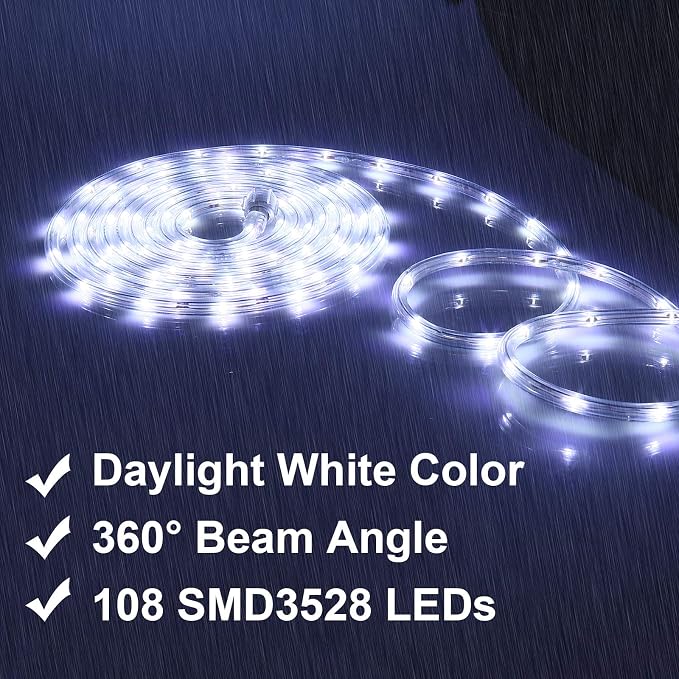 16ft Nature White Rope Light ETL Waterproof | Connectable up to 12 strips. 50,000hr lifespan. Indoor/outdoor mood lighting. Home, patio, party, Christmas decor.