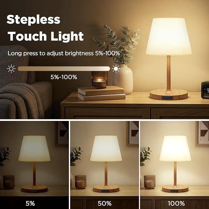 LUTEC Shower Lamp Waterproof, 6000mAh Rechargeable Cordless Table Lamp with 3 Color Temps and Stepless Dimming, Touch Control & Portable LED Nightlight for Bathroom, Desk, Outdoor(Wood Grain)