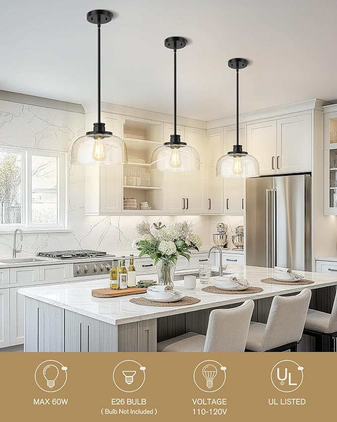 Emak Modern Black Pendant Light, 10 Inch Large Pendant Lights Kitchen Island with Seeded Glass Shade, Farmhouse Kitchen Island Lighting for Dining Room, Bathroom, Bar, PL131-BK-SG