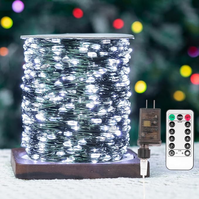 200FT 600LEDs Fairy Lights Plug in,Green Wire,Cool White | Waterproof Led String Lights,8 Modes Remote Twinkle Light for Outdoor Indoor Christmas Wedding Birthday Garden Decorations