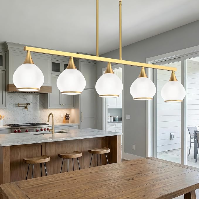Kitchen Island Linear Pendant Light, 5-Light Gold Dining Room Chandelier with White Glass Globe Shades, Modern Linear Lighting Fixture Over Table