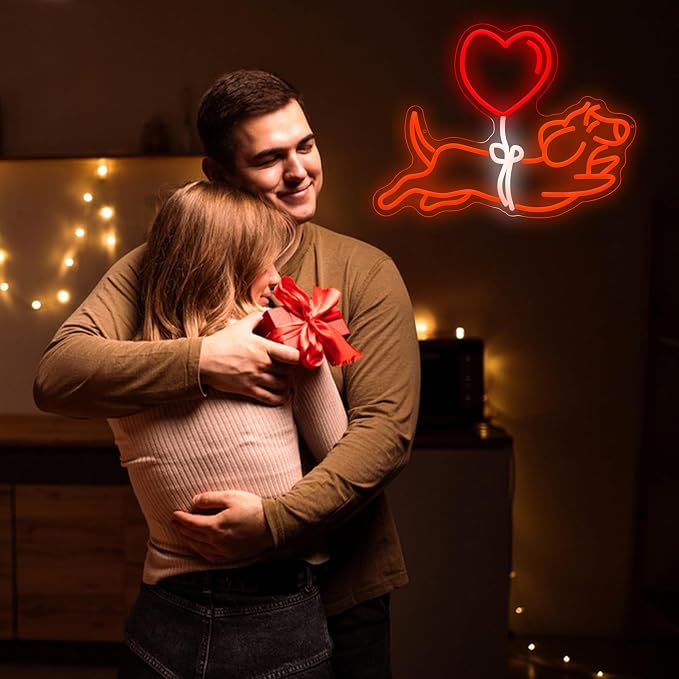 Dachshund Heart-Shaped Balloon Neon Sign Cute Puppy with Red Balloon Neon Light Adorable Dog Light Up Sign for Wall Decor Pet Store Pub Bedroom Party