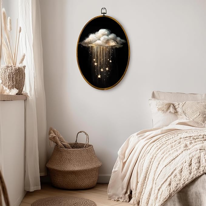 zewepri Whimsical Cloud Canvas Wall Art, Celestial Bohemian Decor, 8.6x11.4 | Cloud and star artwork on high-density canvas with hook for bedroom, living room, study, or art lover gift