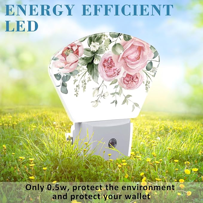 Watercolor Pink Flowers Night Light Plug into Wall, Pink Roses Night Light with Dusk to Dawn Sensor for Kid Girls Boys Women Men Room, Hallway, Kitchen, Bathroom, Stairs Decor