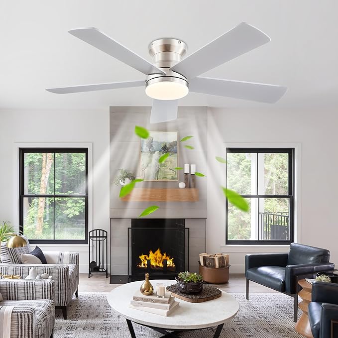 Flush Mount Low Profile Ceiling Fans with Lights - Modern Ceiling Fan with LED Dimming, Timer, 6Wind Speeds, Indoor Fan Light Fixture for Bedroom, Kitchen, Nickel