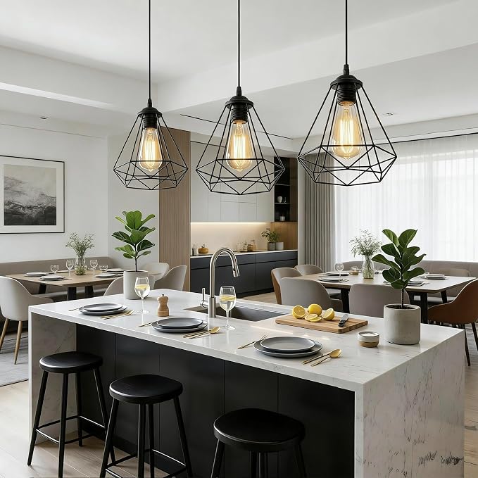 2 Pack Black Pendant Lights Kitchen Island,Farmhouse Hanging Lamp with Adjustable Cord,Small Metal Cage Hanging Ceiling Pendant Light Fixture for Dining Room,Entryway,Kitchen Island Sink,Foyer