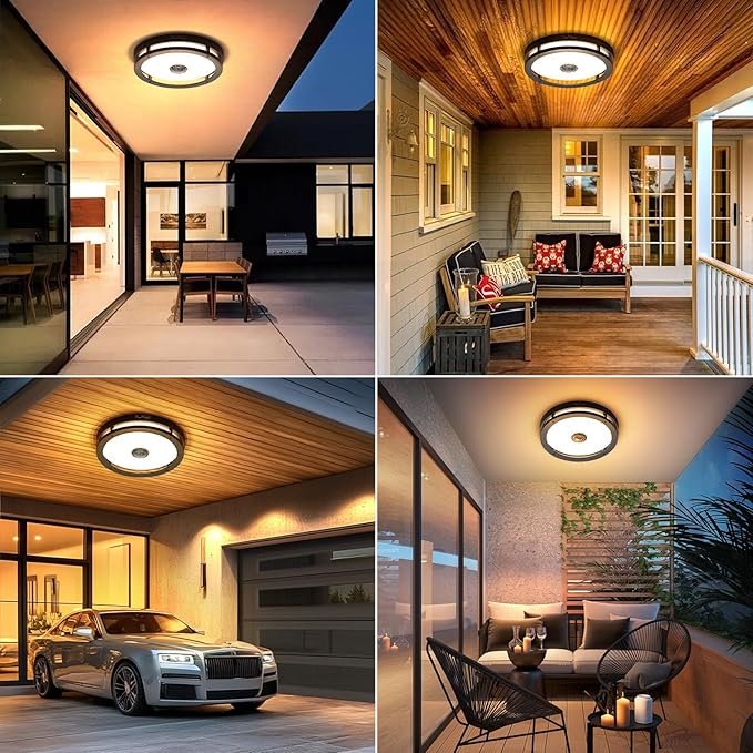 Outdoor Motion Sensor Flush Mount Ceiling Light, 12" Dusk to Dawn Porch Modern Black Exterior Light, Ceiling Light Fixture 1 Pack for Patio, Garage, Entry