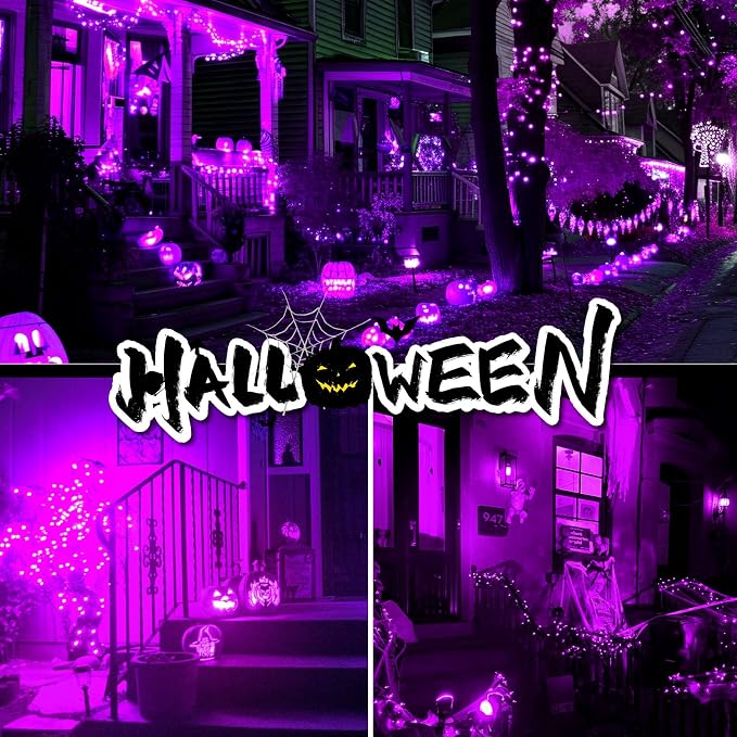 btfarm 2 Pack Solar Halloween String Lights Outdoor Purple | Total 160LED 66FT Solar Fairy Lights Outside Waterproof, 8 Modes Solar Powered Twinkle for Tree Garden Patio Spooky Decor