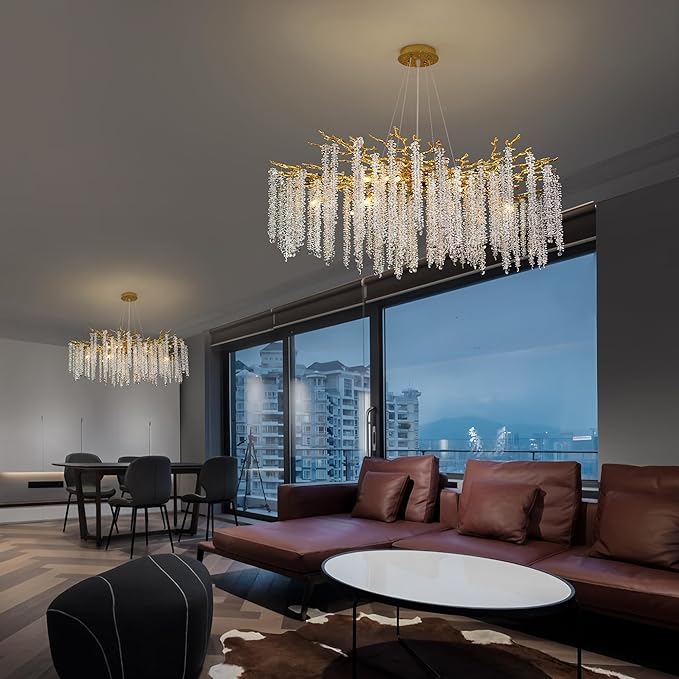 Tree Branches Chandeliers Luxury Round Raindrop Crystal Pendant Light 15 Lights Tassel Ceiling Hanging Light for Dining Room Bedroom Living Room Entryway 39.5" Gold