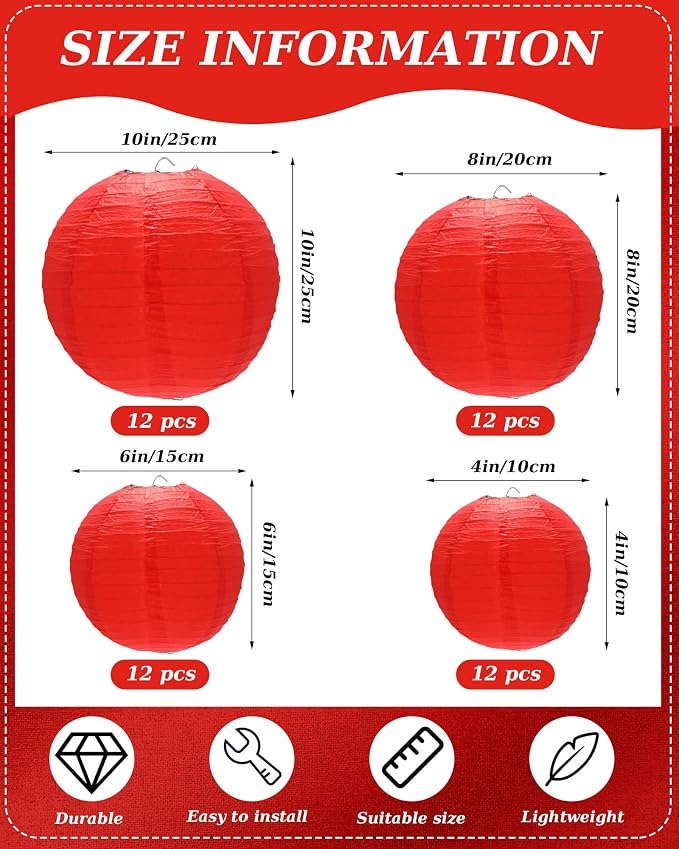 Treela 48 Pcs Paper Lanterns Party Decorations Round,Red