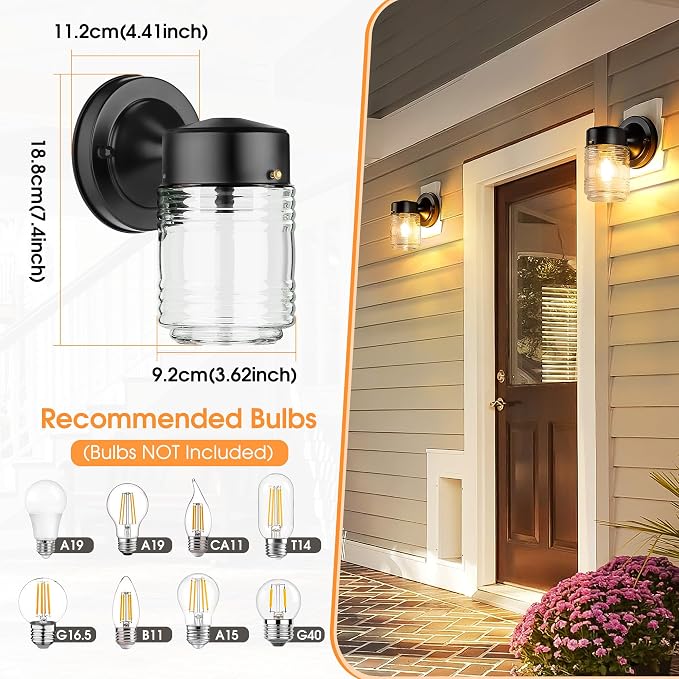 Outdoor Wall Light Jelly Jar Shape, Front Porch Lighting, 2 Pack | Waterproof, Anti-Rust, Clear Ribbed Glass, Exterior Wall Mount Lights, Front Porch Light, Outside Patio Sconce Entryway