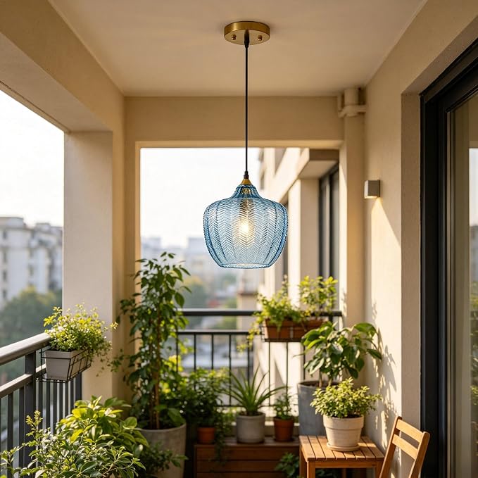 Blue Glass Pendant Lights Kitchen Island Gold Hanging Ceiling Light 9.45" | 1 Pack, Adjustable height, Dimmable, E26 bulbs, Rust-resistant Damp Rated For Bathrooms, 5-Year Warranty, UL Certification