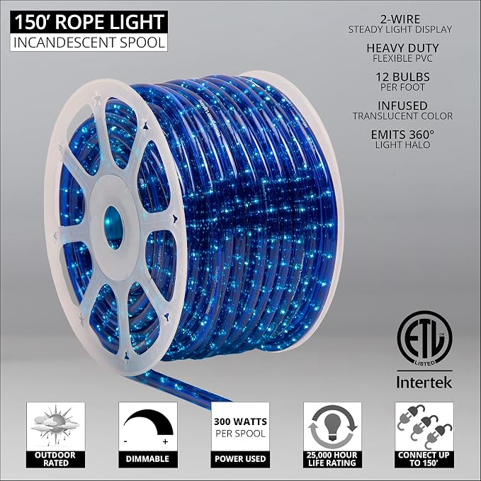Wintergreen Lighting 150' 1800-Bulb Blue Incandescent Commercial Grade Rope Light Kit - Light Rope Outdoor, Christmas Light Rope Light Color, Includes Power Cord, 120V, ½ Inch, 2-Wire