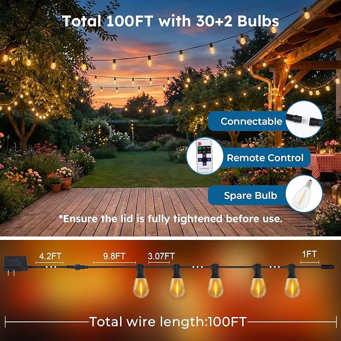GvvooHome 100FT S11 LED Outdoor String Lights with App & Remote, Low-Voltage Patio Lights with Music Sync, 4 Lighting Modes, Dimmable, Waterproof LED Lights for Backyard, Porch, Garden, Deck, Party