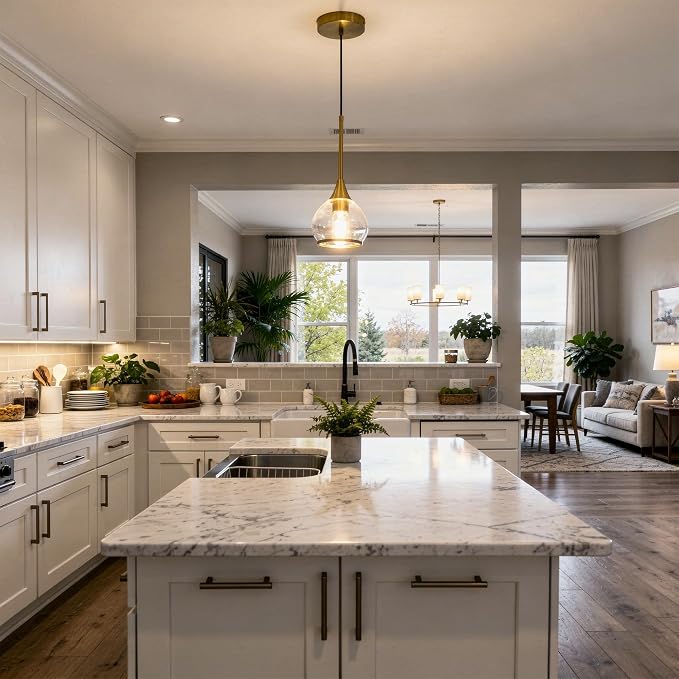 Gold Pendant Light Kitchen Island, 1 Light | Brushed Gold Pendant Light Fixture, Glass Globe Hanging Light, Adjustable Height for Kitchen Island, Dining Room & Bar