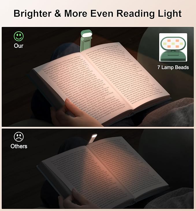 Gritin Reading Light, Rechargeable Book Light for Reading in Bed | Eye Caring 3 Color Temperatures, 5-Level Dimmable Brightness, Long Lasting, Compact Size Clip on Book Lamp-Dark Green