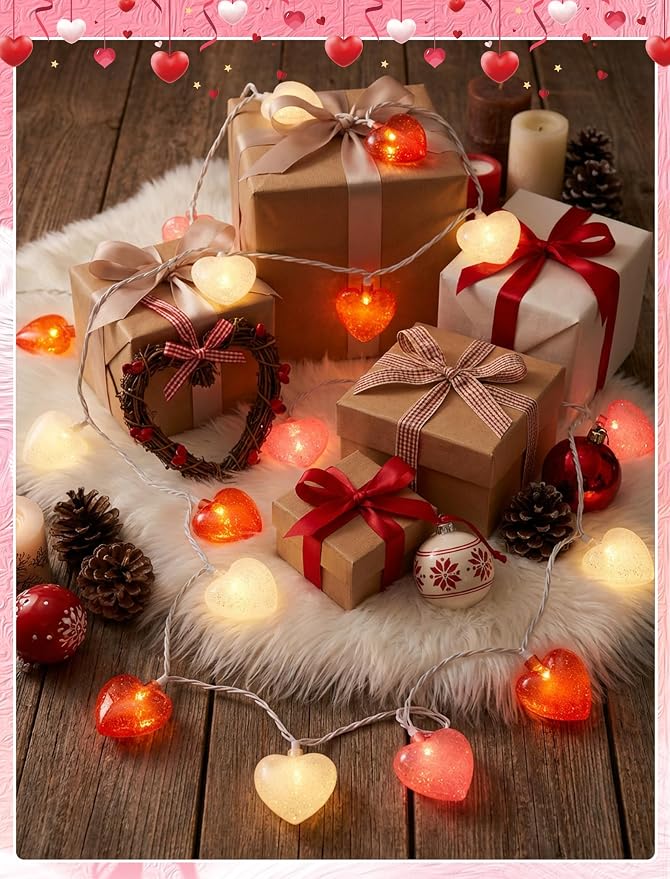 8.5ft Valentine’s Day Heart String Lights Plug in, Valentines Decoration | 10 LED Red Pink White Shatterproof Bulbs, Indoor Fairy Lights for Home Decor Wedding Outdoor Party, Warm White