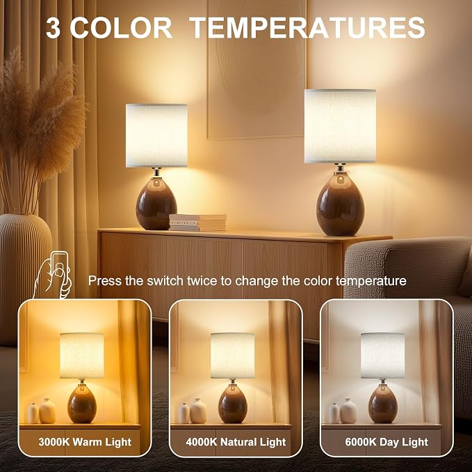 18.5" Table Lamp Set of 2 for Living Room Bedroom, Bedside Lamps for Night Stands, Desk Nightstand Lamp Dimmable, Modern Linen Cream Ceramic Lamps (Coffee)